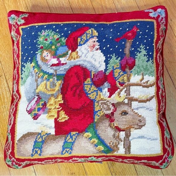 Lands' End Holiday Vintage Santa Reindeer Christmas Needlepoint